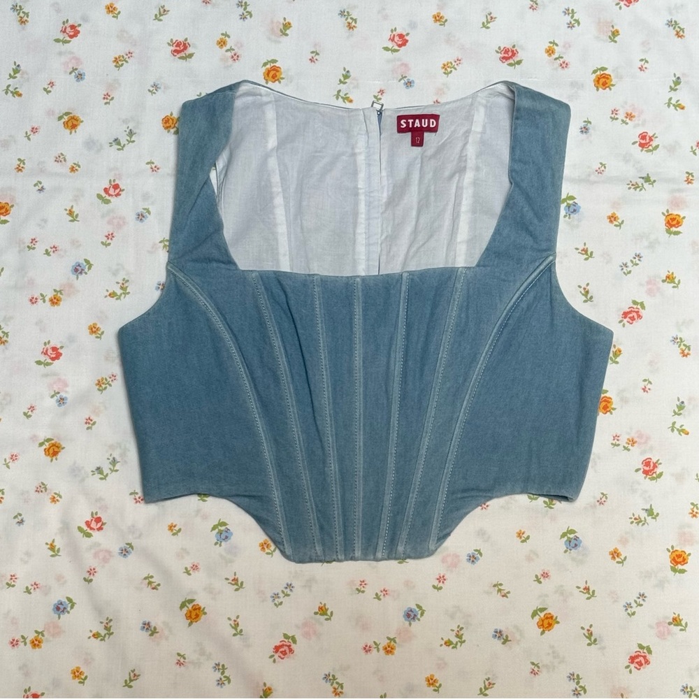 Staud Alice corset top, light wash denim